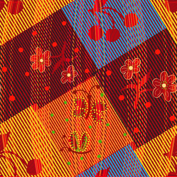 Kleurrijke grunge gestreepte quilt naadloze patroon met bloemmotief — Stockvector