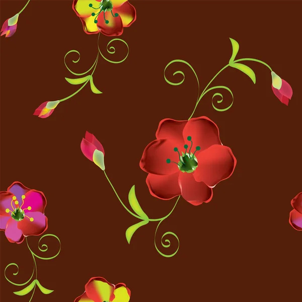 Безшовний Квітковий Візерунок Абстрактною Стилізованою Червоною Трояндою Бутонами Завитками Коричневому — стоковий вектор