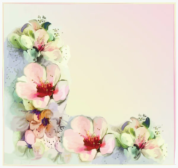 Carte florale de voeux avec fleurs de printemps stylisées aux couleurs pastel — Image vectorielle