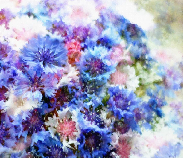 Floral card with bouquet of stylized cornflowers on grunge stained hazy background — Stock Photo, Image