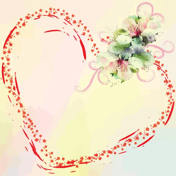 Tarjeta de invitación de boda con corazón abstracto y ramo de flores en colores pastel — Vector de stock