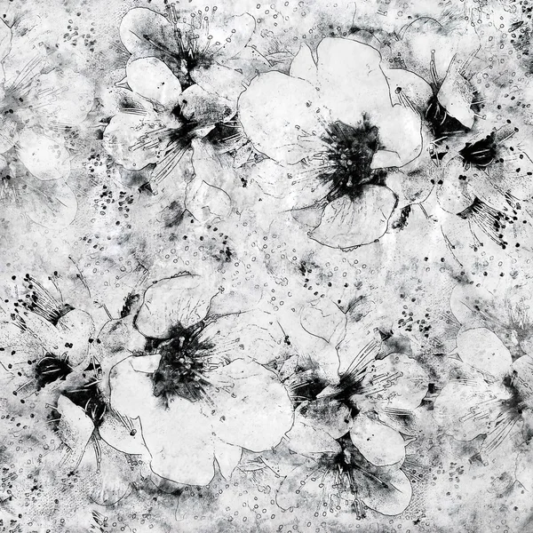 Grunge çizim çiçek arka plan beyaz, gri, siyah renkleri lekeli