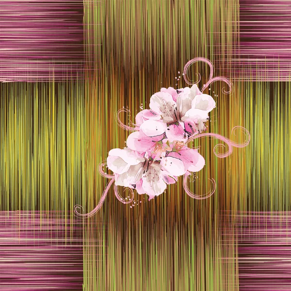 Nahtloses Muster mit abstrakten Blüten in weiß, rosa Farben auf Grunge-gestreiftem Hintergrund — Stockvektor