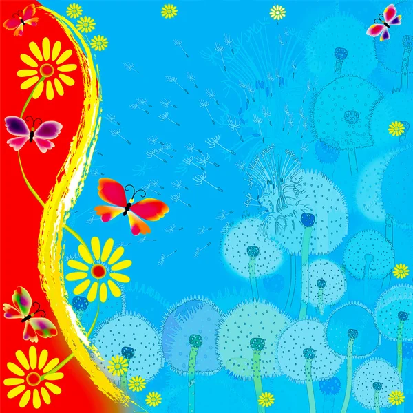 Cartoon childish greeting card with abstract flowers and butterflies — Stock Photo, Image