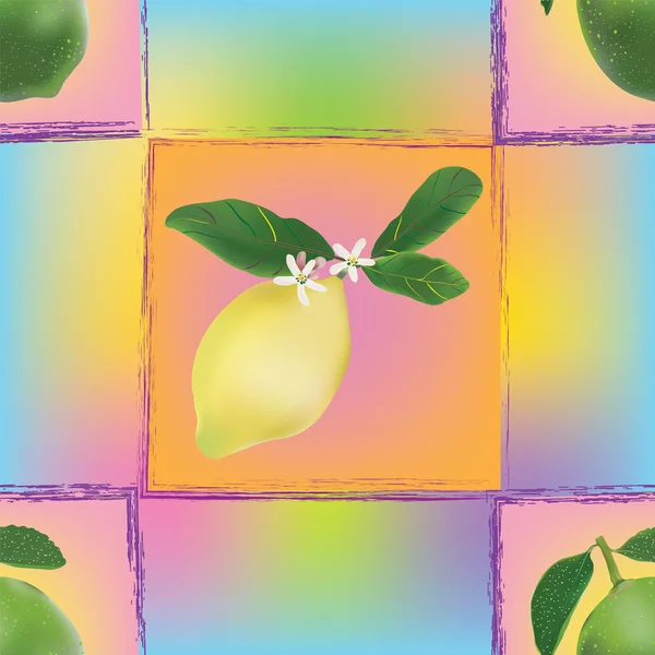 柠檬和酸橙在无缝组成中的多彩花纹背景上 — 图库矢量图片