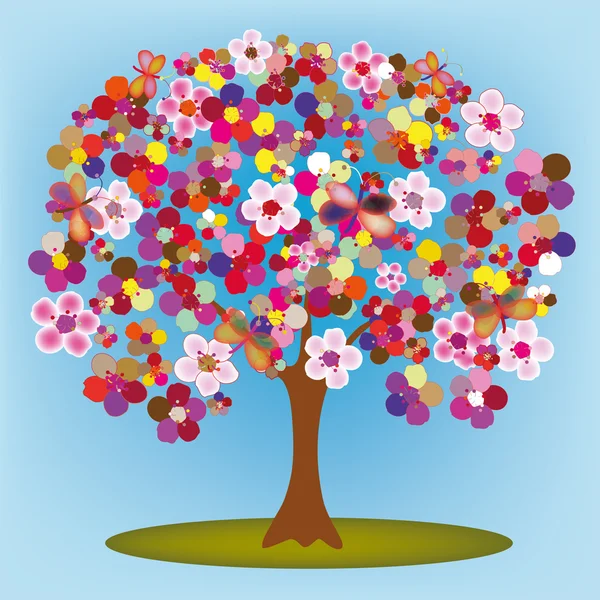 Kwitnąca drzewo kreskówka z kolorowy streszczenie kwiaty i motyle — Wektor stockowy