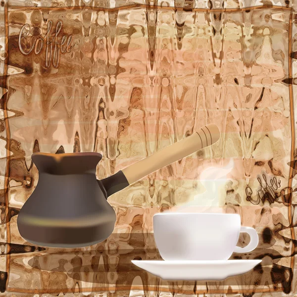 Wygląd menu kawy z dzbanek do kawy i filiżanki na nieczysty pasiasty tło — Zdjęcie stockowe