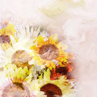 Floral background with stylized bouquet of sunflowers on grunge stained hazy background