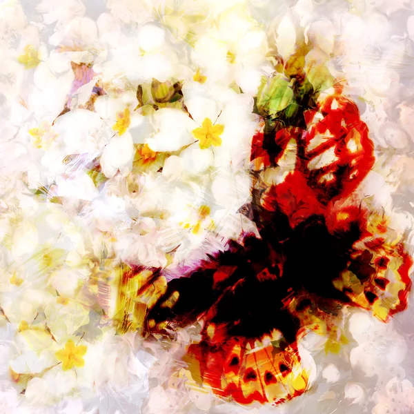 Grunge stained blurred butterfly on hazy background with white spring flowers — Stockfoto