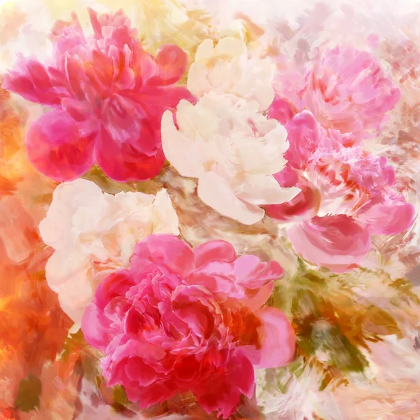 Стилізовані біло-рожеві півонії на яскравому гранжевому вітражному барвистому фоні — стокове фото