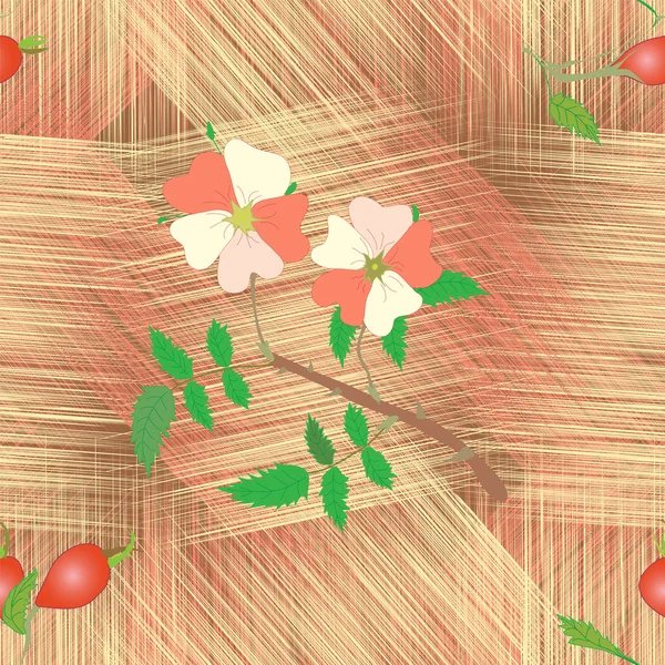 Motif sans couture avec des fleurs de chien-rose et des baies sur fond coloré rayé grunge — Image vectorielle