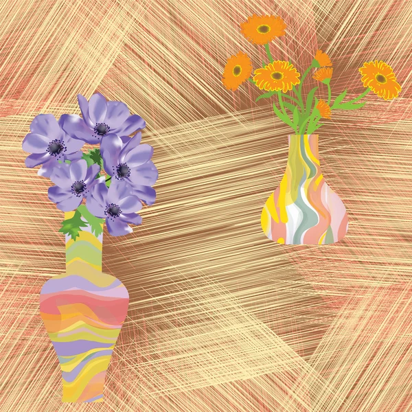 Jarrones con flores sobre fondo de rayas grunge en composición sin costuras — Vector de stock