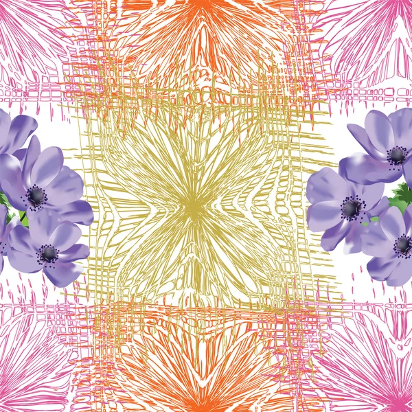 Sömlös sammansättning med blå anemone blommor på grunge randig bakgrund — Stock vektor