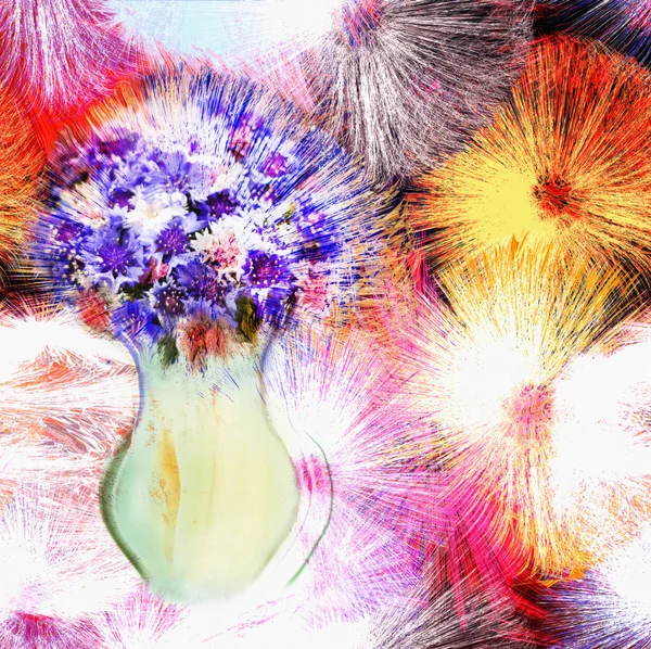 Přání s kyticí stylizované modré chrpy v váza — Stock fotografie