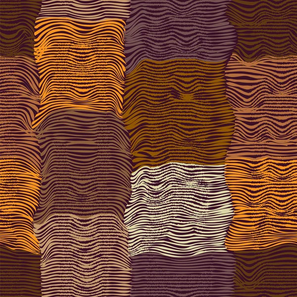 Grunge rayado y ondulado paño de edredón patrón sin costuras en marrón, naranja, violeta — Vector de stock