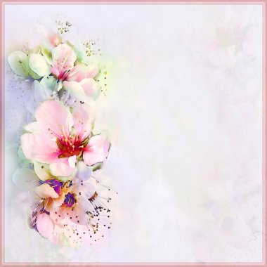 Floral greeting card in pastel colors with stylized flowers , frame and space for text