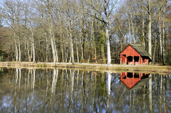 Damm med lilla röda huset — Stockfoto