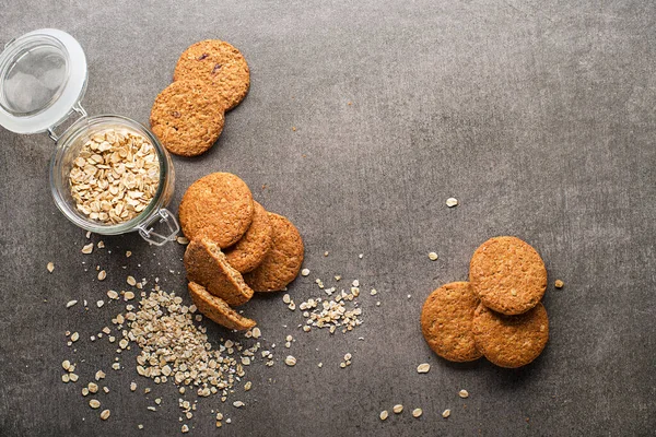 Hausgemachte Haferflockenkekse Auf Grauem Tischhintergrund Gesunde Ernährung Snack Konzept Kopierraum — Stockfoto