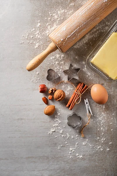 Ingrédients Pour Cuisson Des Biscuits Avec Farine Oeuf Noix Beurre — Photo