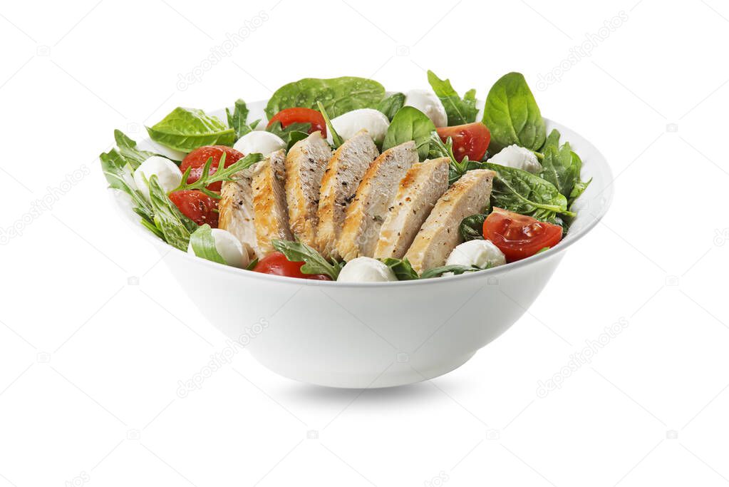 Healthy mixed salad with chicken breast, tomato and mozzarella cheese isolated on white