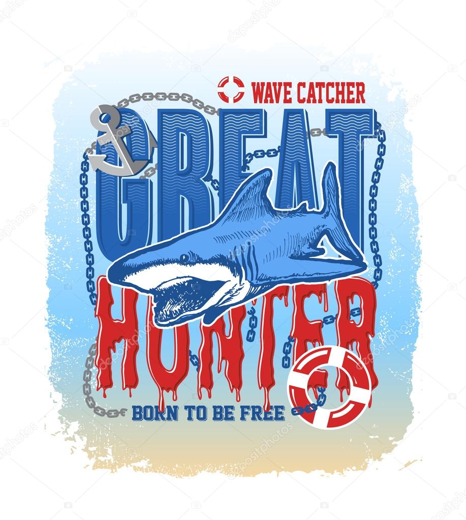 Shark on a colored background tattoo art great white shark template for printing on t-shirts vector illustration