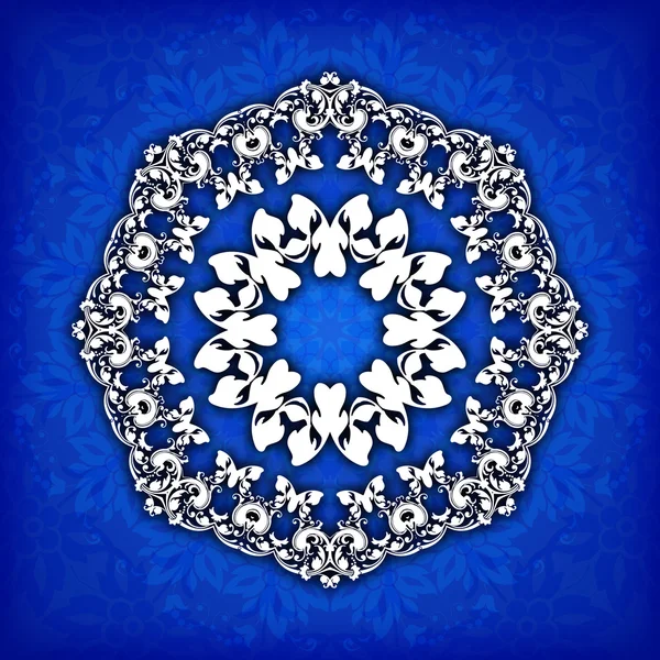 Abstrakter Vektorkreis floraler Zierrand. Spitzenmuster-Design. weißes Ornament auf blauem Hintergrund. kann für Banner, Webdesign, Hochzeitskarten und andere verwendet werden — Stockvektor