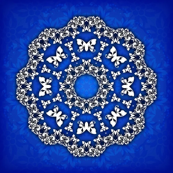 Abstraktní vektorová kruh květinové Ozdobné ohraničení. Vzorování krajek. Bílá ozdoba na modrém pozadí. Lze použít pro banner, web design, svatební oznámení a ostatní — Stockový vektor