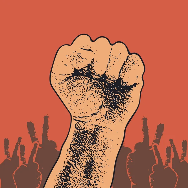 Vector illustratie Concept in de Sovjet-Unie agitatie stijl. Vuist van revolutie. Menselijke hand omhoog. Rode achtergrond. Ontwerpelement. — Stockvector