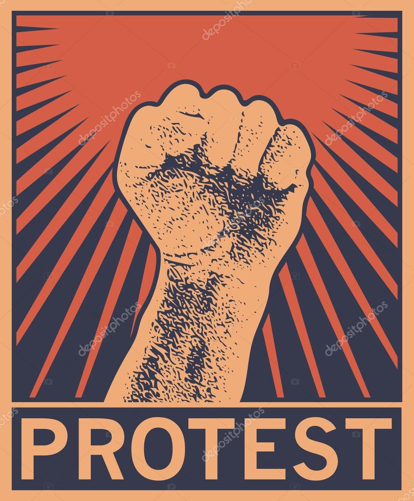 Hand Up Proletarian Revolution - Vector Illustration Concept in Soviet Union Agitation Style. Fist of revolution. Human hand up. Red background. Design element