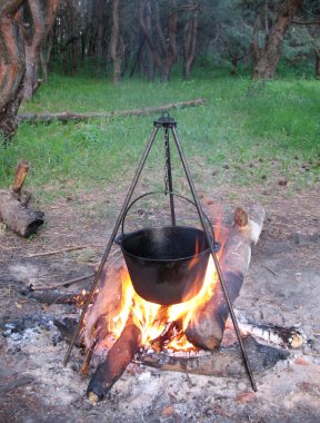 Arka planda duman ve ağaçlarla kaplı bir orman açıklığında, parlak bir kamp ateşinin üzerine asılmış siyah bir kamp çanağının dikey görüntüsü.