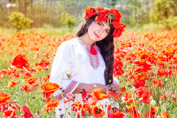 Krásy dívka dítě v oboru mák Květiny — Stock fotografie