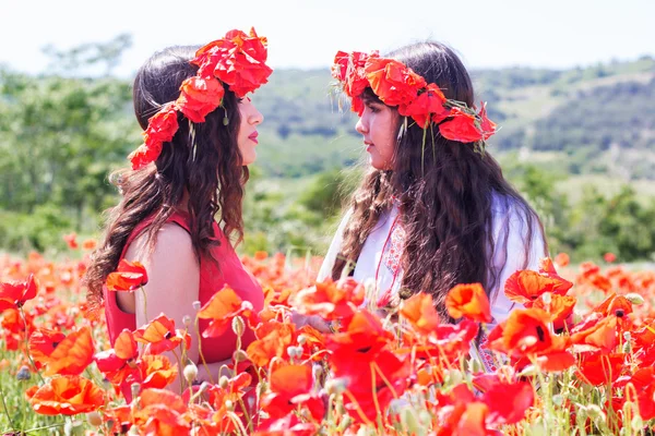 Duas meninas em um campo de flores de papoula — Fotografia de Stock