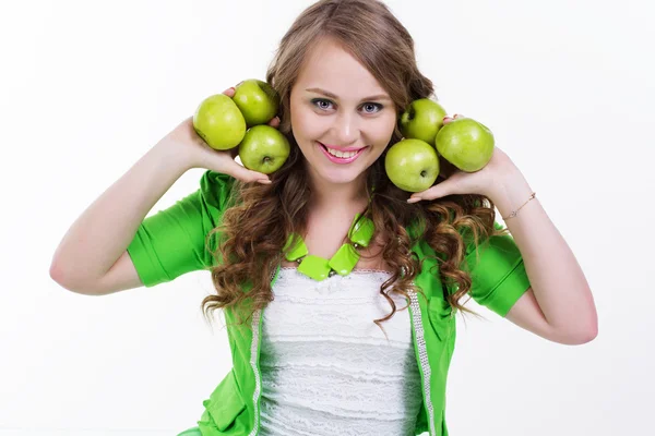 Chica bonita con manzanas apetitosas, comida saludable —  Fotos de Stock