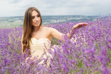 Güzel kız lavanta sahasında oturuyor