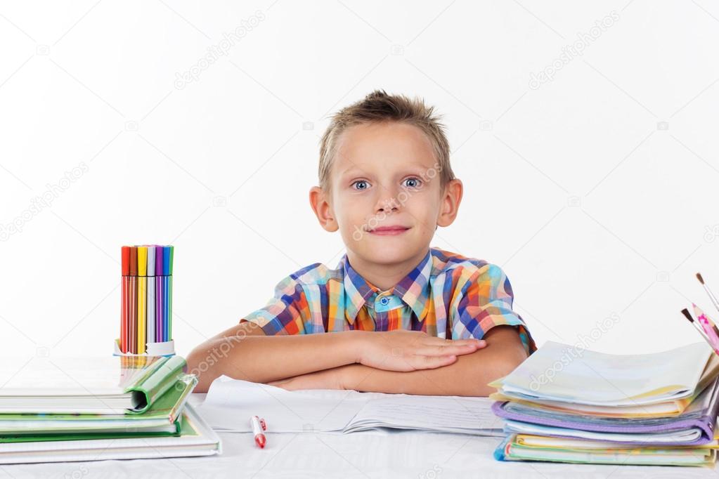 School boy thinking about homework