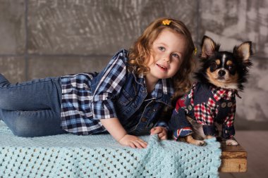 Küçük kız chuhuahua köpekle yalan söylüyor