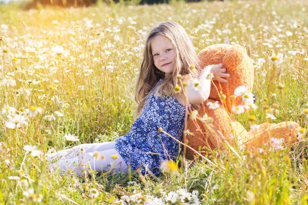 Ładne dziecko dziewczynka w pole rumianek z misiem — Zdjęcie stockowe