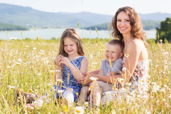 Mother,girl and boy in chamomile field — Stock Photo, Image