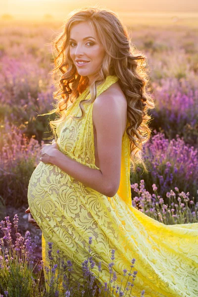 Gadis mode hamil di bidang lavender — Stok Foto
