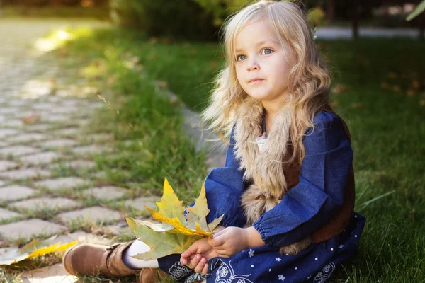 Rozkošná holčička s podzimní listy v parku — Stock fotografie