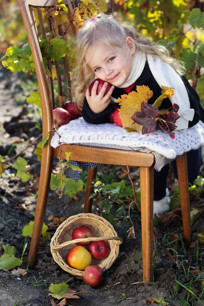 Entzückendes kleines Mädchen mit Äpfeln, Herbstzeit — Stockfoto