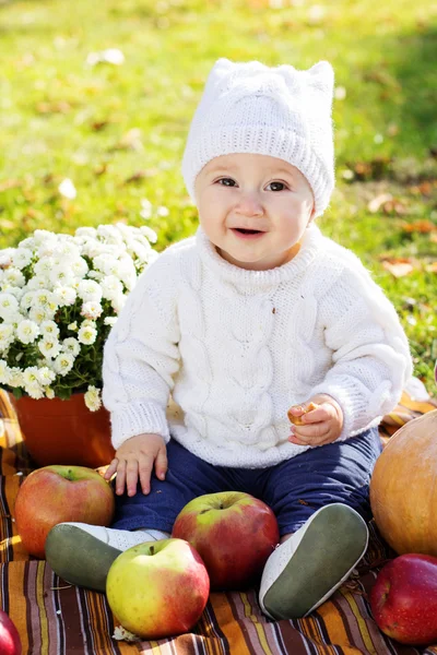 Niño con calabazas en el parque de otoño — Foto de Stock