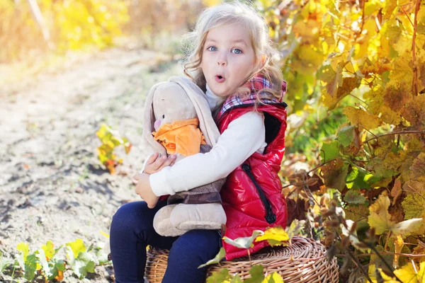 Little girl in warm clothes with toy rabbit — Stock Photo, Image