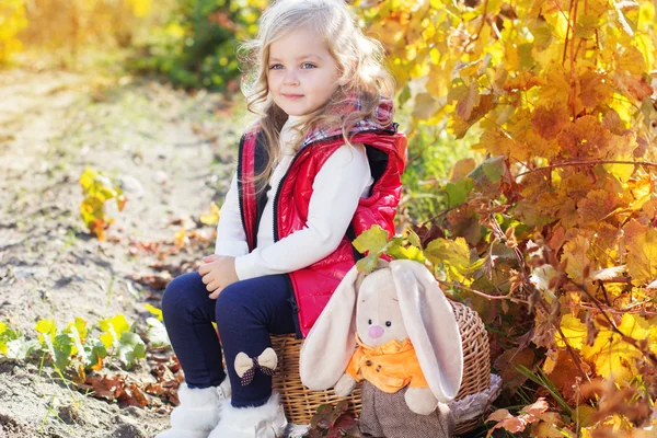 Little girl in warm clothes with toy rabbit — Stock Photo, Image