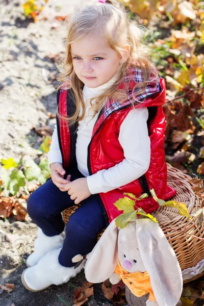 Little girl in warm clothes with toy rabbit — Stock Photo, Image