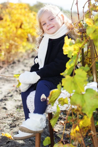 Adorable little girl in warm clothes, autumn time — Stock Photo, Image