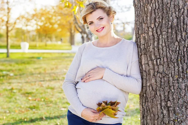 Chica embarazada en el parque de otoño — Foto de Stock