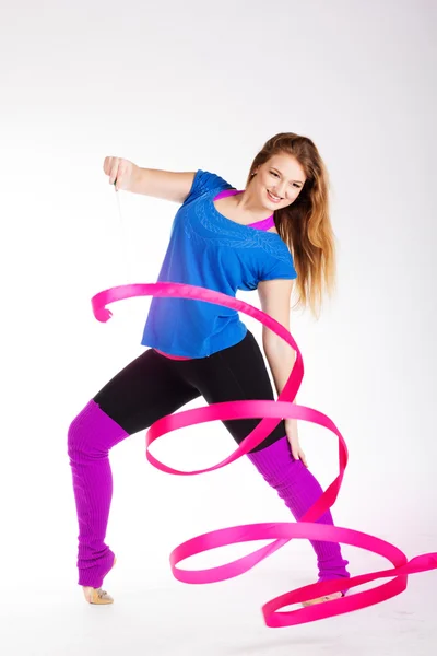 Dancer gymnastic girl with ribbon — Stock Photo, Image