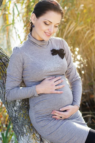 Беременная женщина на природе, осеннее время — стоковое фото