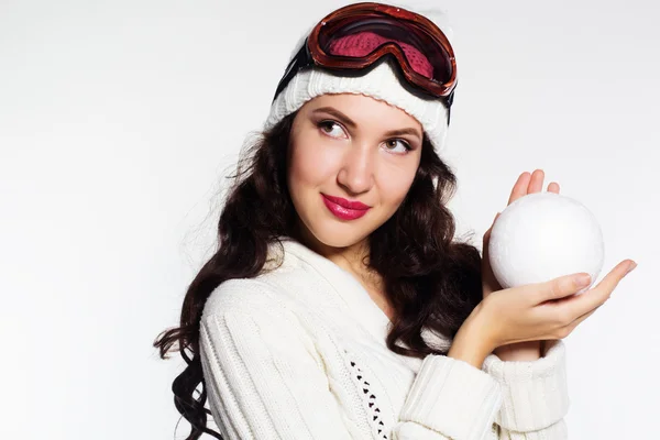 Woman with ski goggles isolated on white — Stock Photo, Image